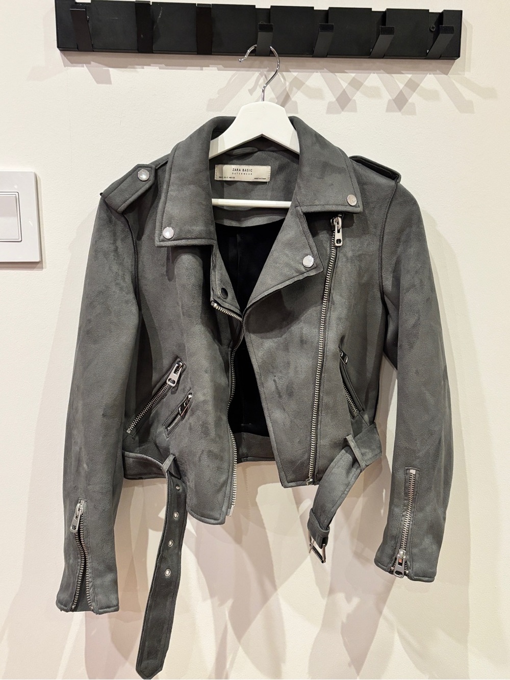 Zara Gray Suede Biker Jacket with Belt